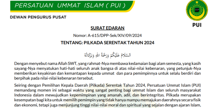 Surat Edaran DPP PUI: Seruan Menjelang Pilkada Serentak 2024